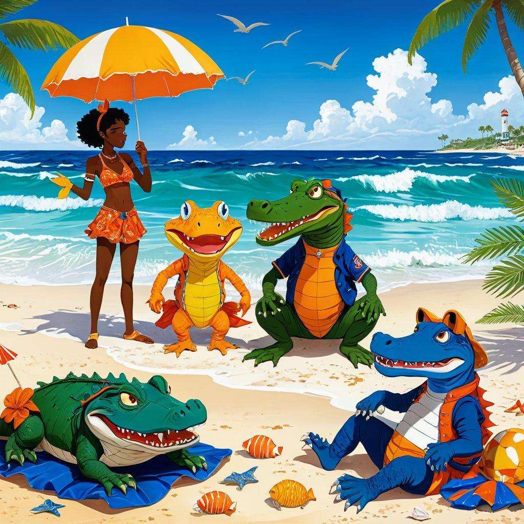 A striking illustration blending the fantasy world of hentai with vibrant elements of anime, featuring whimsical characters infused with Florida Gators culture, such as gator-themed outfits, colors, and accessories. The scene should be lively, showcasing a beach setting with anime-style palm trees, colorful sunset, and playful waves. Elements of adult art should be tastefully hinted at without overt explicitness, ensuring a balance that intrigues the viewer. Include intricate details and textures to enhance allure and depth. vibrant colors. anime style. cartoon aesthetic.