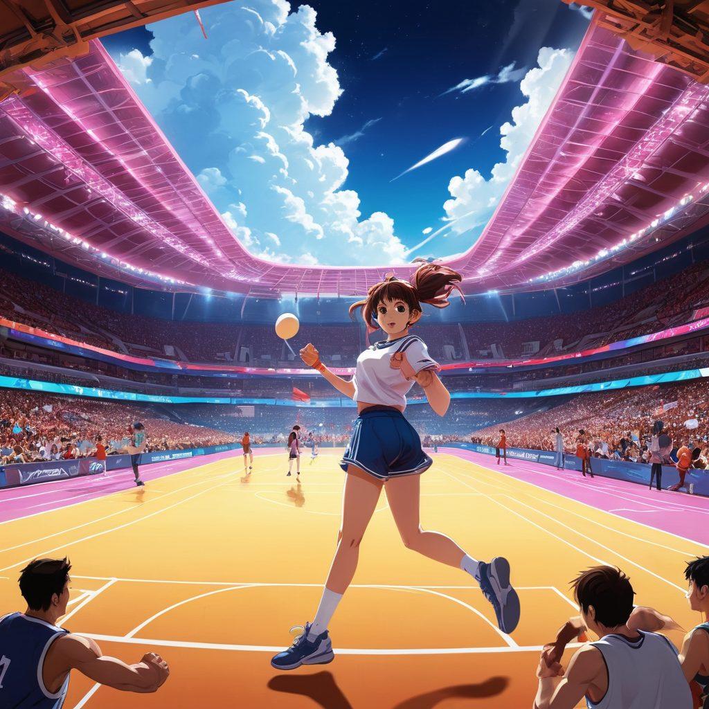 A dynamic scene that merges fantasy with reality, showcasing a vibrant college sports arena filled with anime-inspired characters engaging in various sports activities. Include elements of hentai art style, with subtle nods to anime aesthetics, such as exaggerated facial expressions and colorful outfits. Surround the athletes with a dreamlike atmosphere filled with glowing clouds and swirling colors, capturing the essence of creativity and fun in the sports culture. Illustrate a balance of fantasy elements and realistic sports actions. ultra-detailed. vibrant colors. anime style.