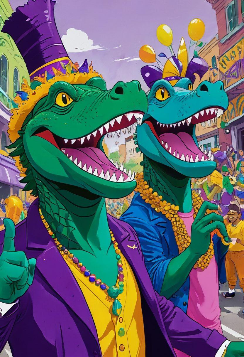 A vibrant fusion of adult animation and sports scene, depicting playful anthropomorphic alligators enjoying a lively Mardi Gras parade. Half the image features colorful NSFW art styles, while the other half showcases energetic sports fans, blending humor and passion. Bright, engaging colors with a whimsical atmosphere set against a dynamic backdrop. cartoon style. vivid colors. lively and energetic.